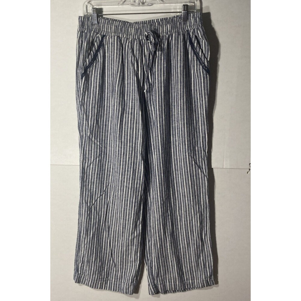BRIGGS white blue striped elastic waist wide leg linen blend pull on pants L
